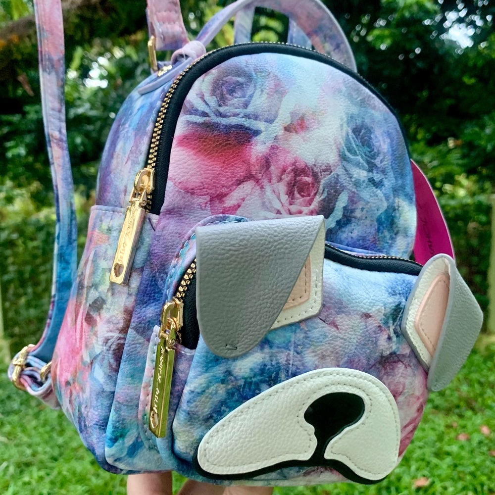 Betsy Johnson Pink & Blue Rose Mini Kitsch Puppy Dog Back Pack / Purse!